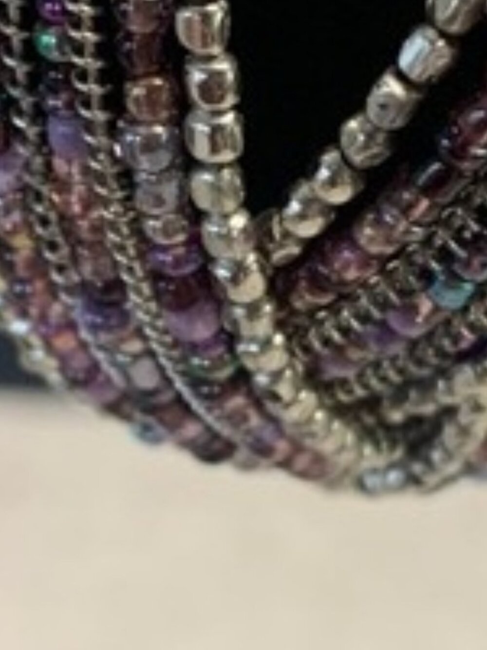 Purple and Silver Multi Strand Beaded Cuff Bracelet Wide Statement Jewelry